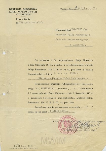 KKE 5644.jpg - Dok. Pismo z Dyrekcji Okręgowej Kolei Państwowych w Olsztynie do Jana Małyszko dotyczące awansu zawodowego, Olsztyn, 9 V 1951 r.